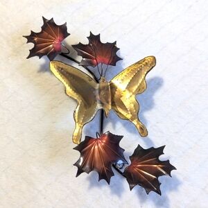 Artisan Made Brass and Copper Butterfly and Maple Leaf Wall Sculpture Art/Decor